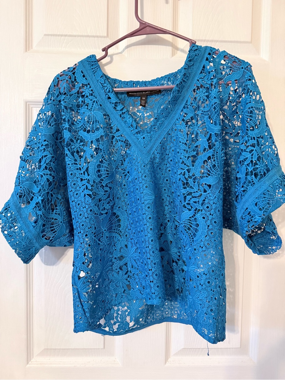 White House Black Market Bright Blue Crochet V-Neck Blouse
